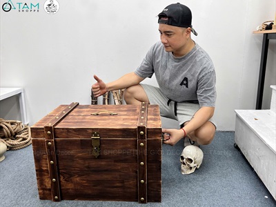 Rương gỗ viền nẹp đinh tán giả cổ BIGSIZE 60cm [Tặng ổ khóa] RUONG-GO-06